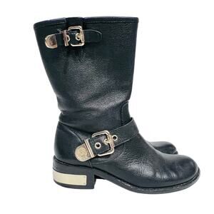 Vince Camuto Boots 7M Black Leather Gold Buckle Mid High Moto Biker Used